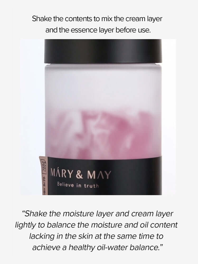 MARY&MAY Vegan Blackberry Complex Cream Essence 140ml with instructions to mix cream and essence layers.