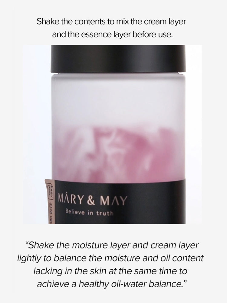 MARY&MAY Vegan Blackberry Complex Cream Essence 140ml with instructions to mix cream and essence layers.