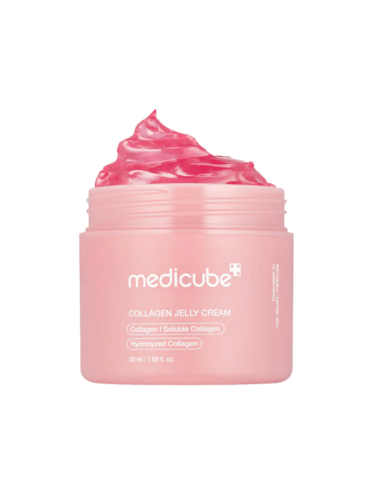 MEDICUBE Collagen Jelly Cream in a pink jar with a bouncy, jelly texture for radiant skin.