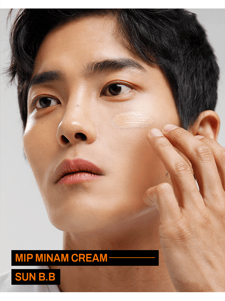 MIP Minam Cream applied on model's face showing Sun B.B. highlighting UV protection and skincare benefits.