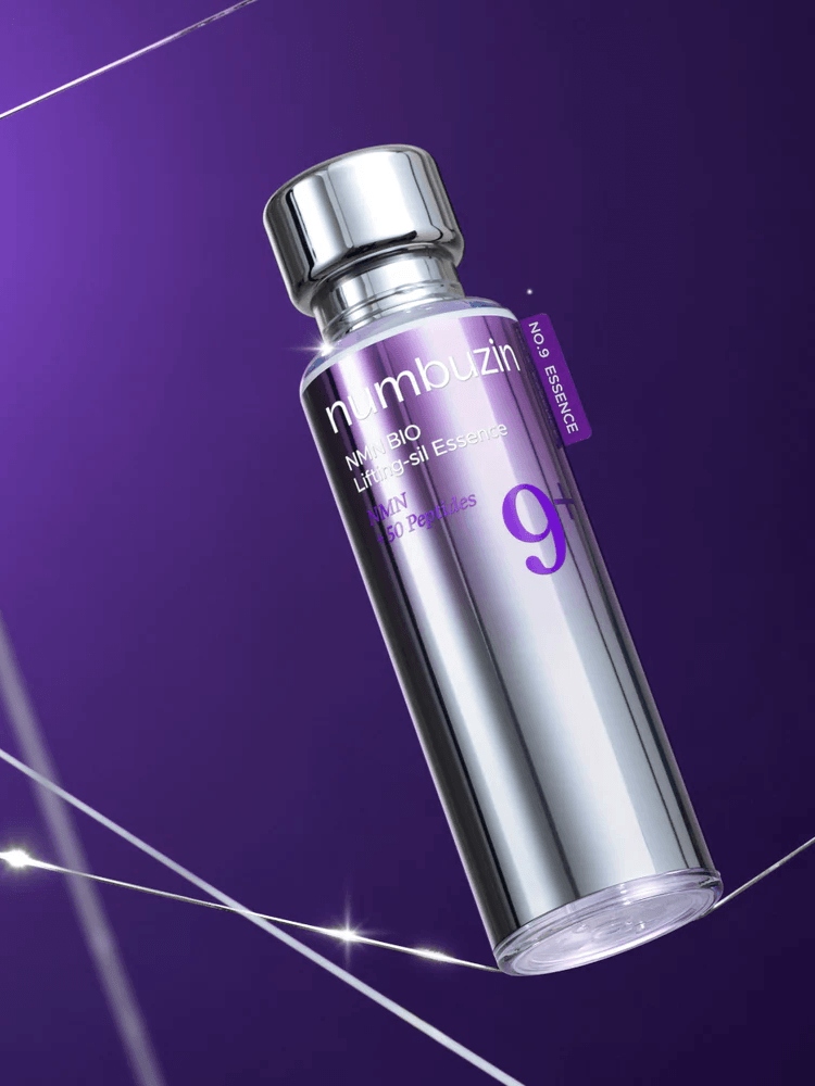 NUMBUZIN NAD Bio Lifting-sil Essence 50ml bottle on a purple background with a sleek design.