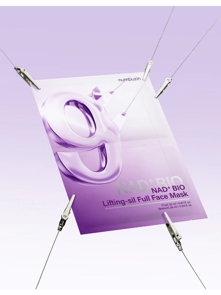 NUMBUZIN NAD Bio Lifting-sil Full Face Pack Sheet packaging displayed on a purple background, showcasing its design.