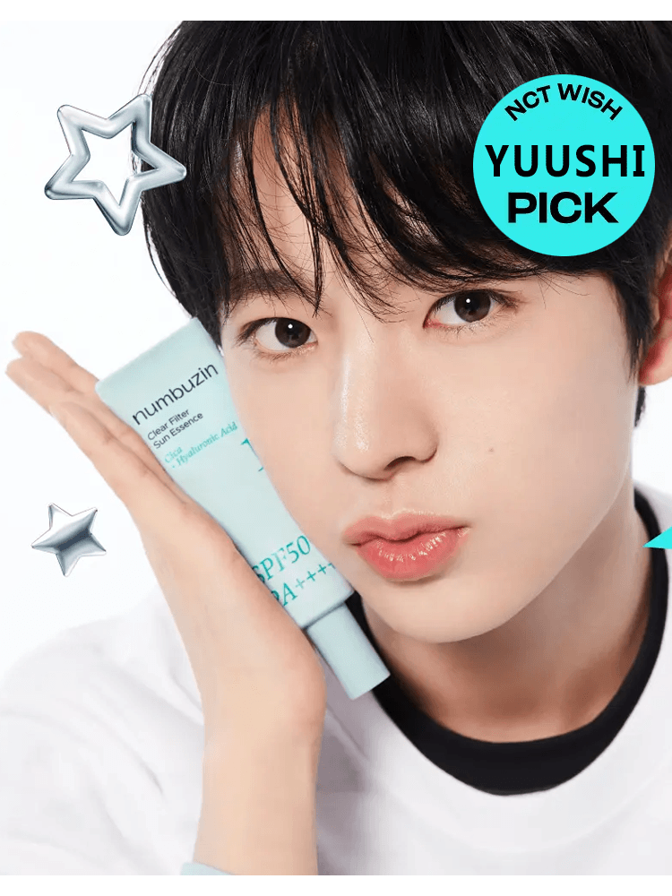 A model holding NUMBUZIN No.1 Pure Full Calming Water Sunscreen, showcasing SPF50+ PA++++ and a fresh look.