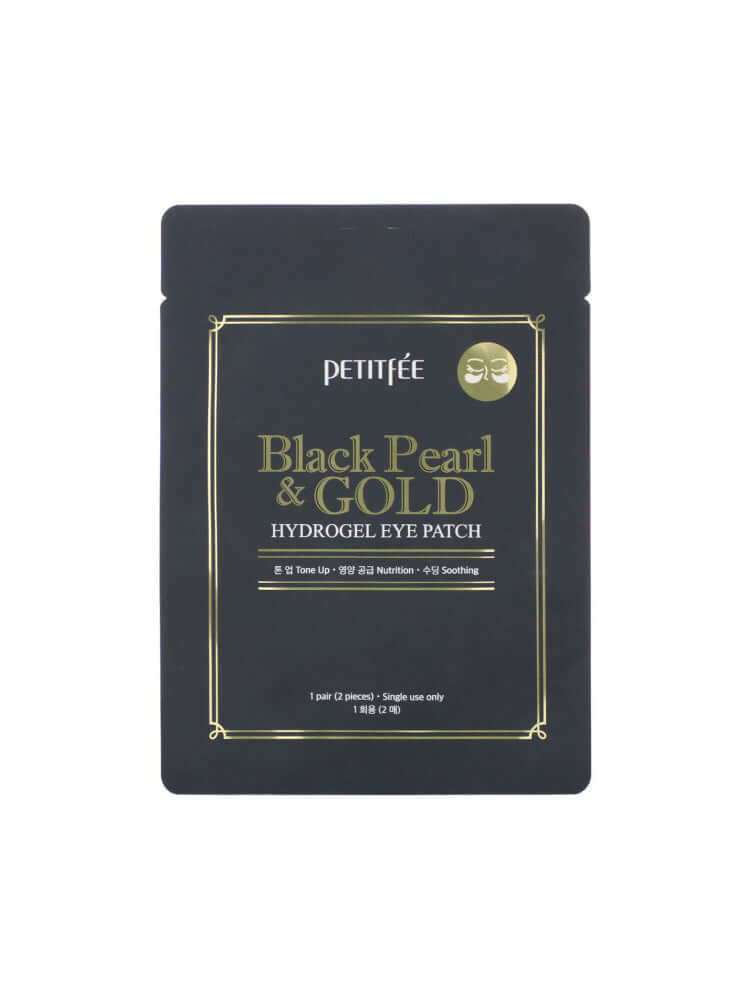PETITFEE Black Pearl & Gold Hydrogel Eye Patch 1.4g (Single Use - 1 pair) packaging design.