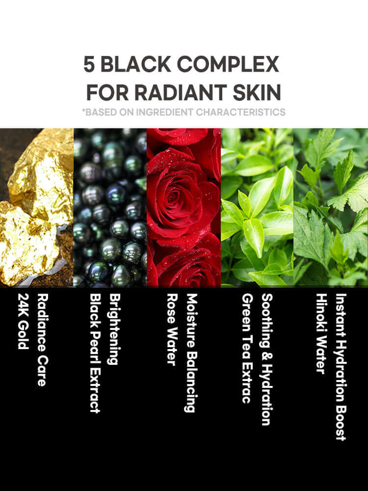 5 Black Complex for Radiant Skin featuring 24K Gold, Black Pearl Extract, Rose Water, Green Tea Extract, and Hinoki Water.