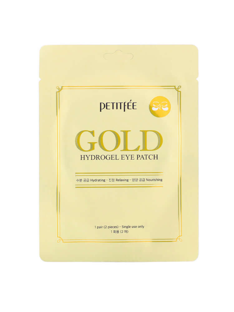 PETITFEE Gold Hydrogel Eye Patch 1.4g (Single Use - 1 pair) packaging with gold accents and hydrating properties.