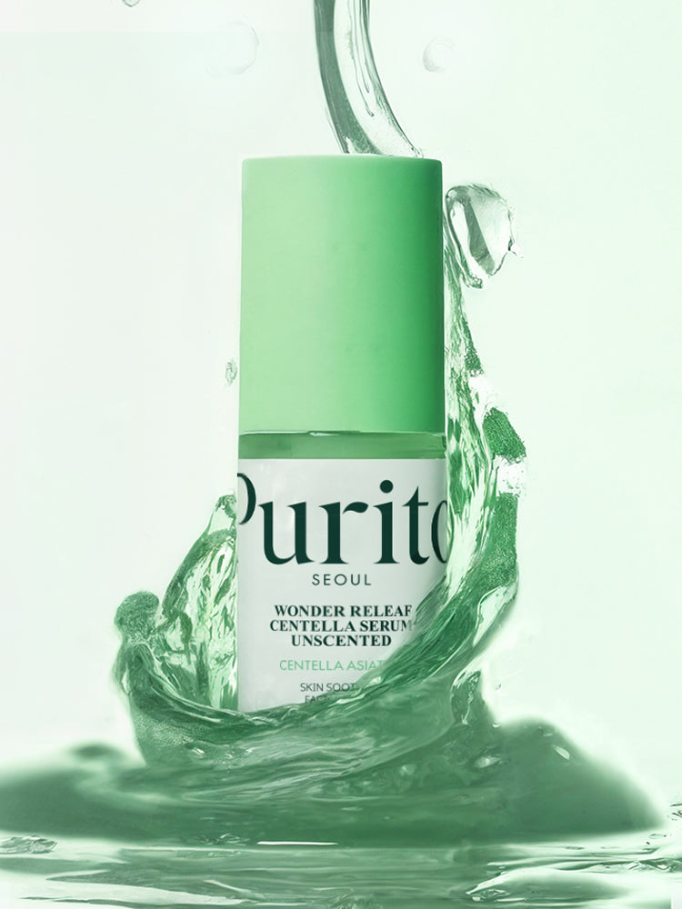 PURITO Centella Unscented Serum 60ml in splashing green water, showcasing its soothing properties and refreshing feel.