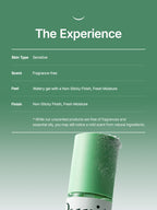 Product details for PURITO Centella Unscented Serum 60ml; sensitive skin type, fragrance-free, watery gel, non-sticky finish.