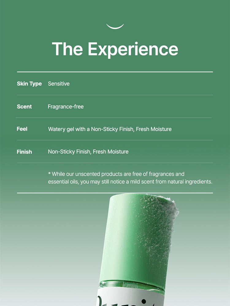 Product details for PURITO Centella Unscented Serum 60ml; sensitive skin type, fragrance-free, watery gel, non-sticky finish.