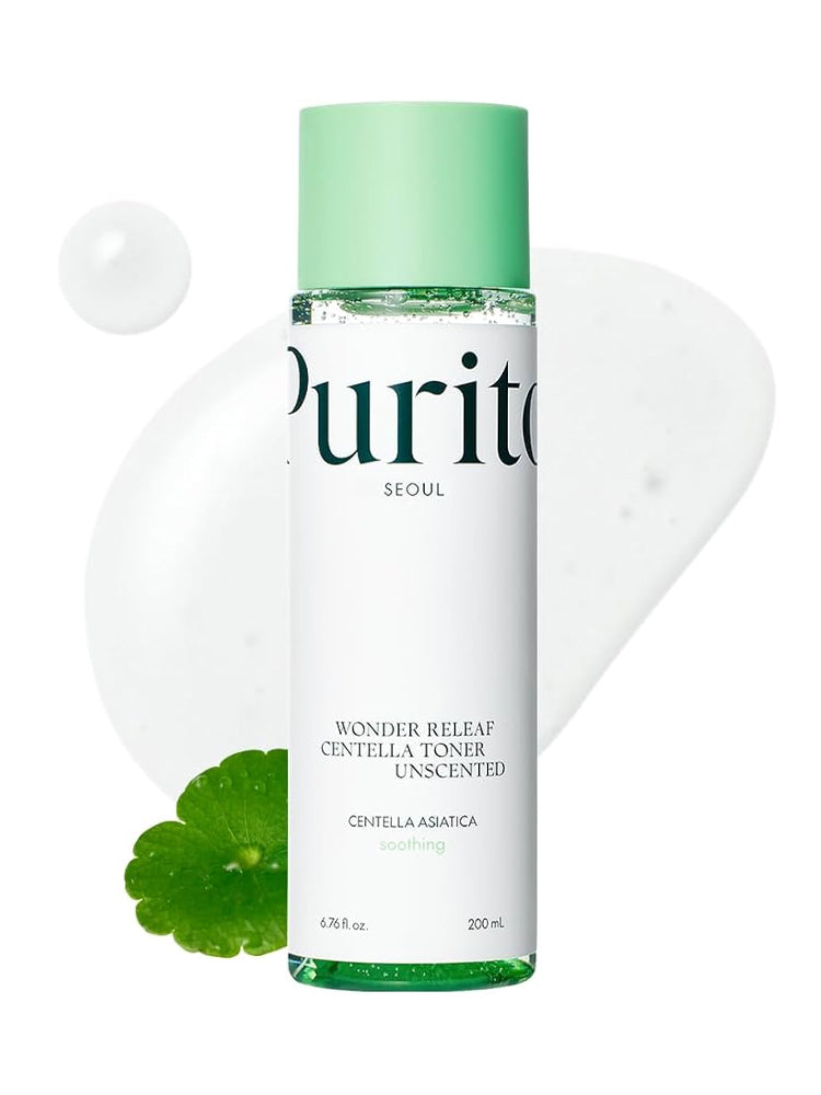 PURITO Centella Unscented Toner 200ml bottle with green cap, featuring soothing Centella Asiatica extract.