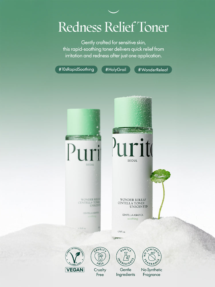 PURITO Centella Unscented Toner 200ml bottles on white background for redness relief and sensitive skin care.