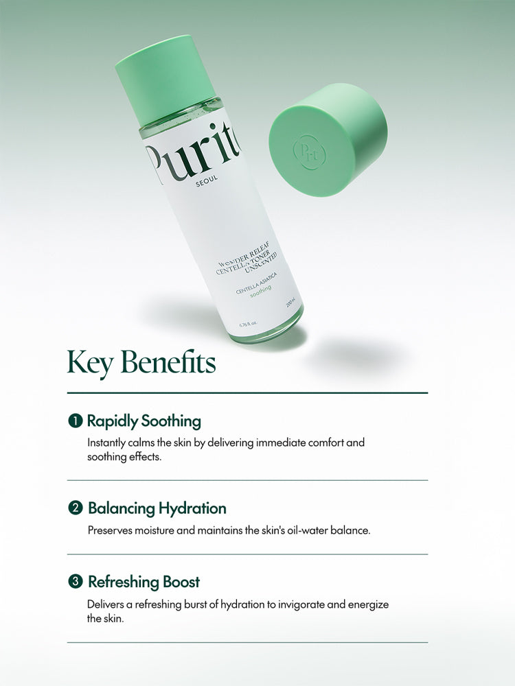 PURITO Centella Unscented Toner 200ml with key benefits for soothing and hydration