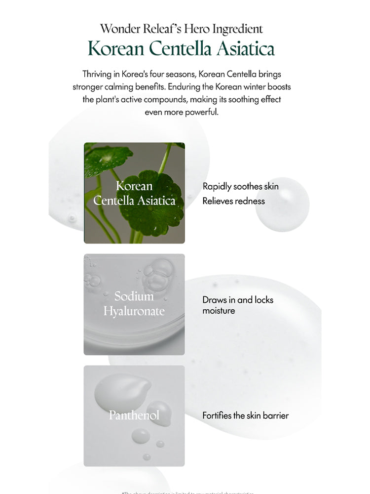 Korean Centella Asiatica benefits infographic showing soothing and hydrating properties.