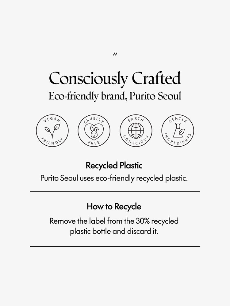 Eco-friendly branding details for PURITO Centella Unscented Toner 200ml, featuring recycled plastic and gentle ingredients.