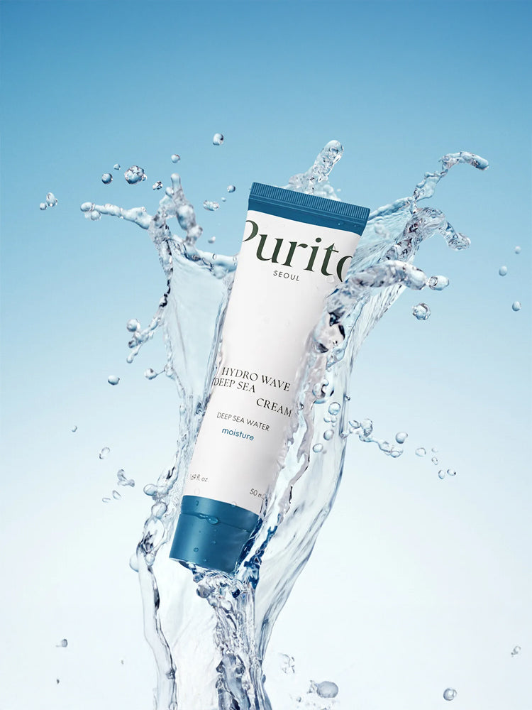 PURITO Deep Sea Pure Water Cream 50g splashing in water, showcasing deep hydration and moisture care.