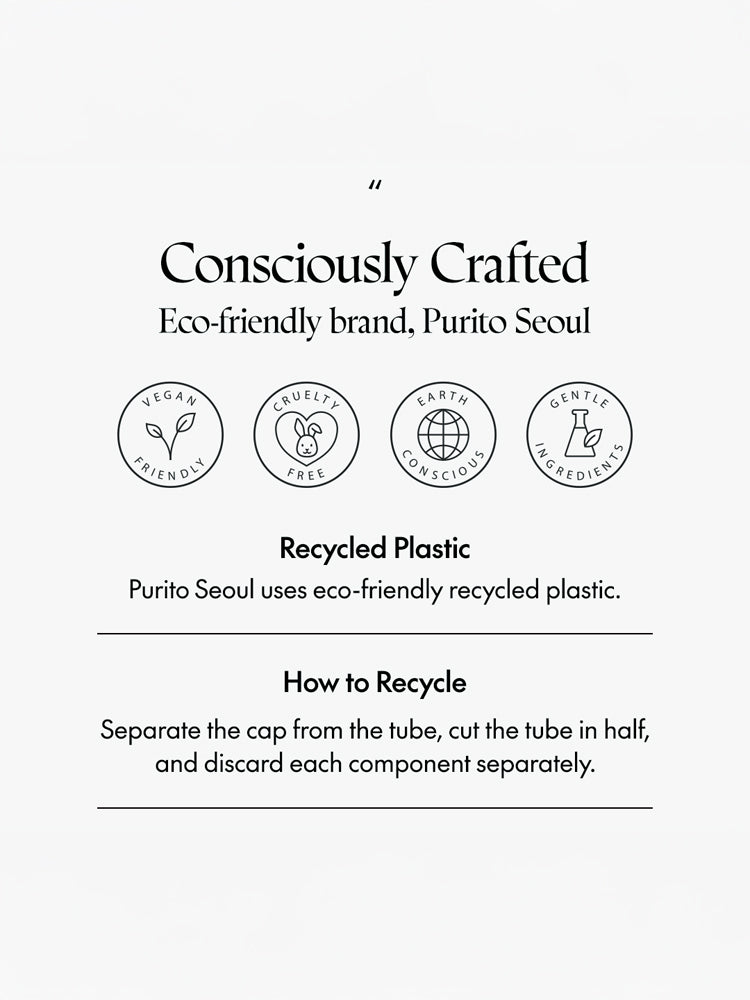 Consciously Crafted eco-friendly brand, Purito Seoul, featuring recycled plastic and recycling instructions.