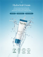 PURITO Deep Sea Pure Water Cream 50g surrounded by water splash, promoting deep hydration and moisture balance.