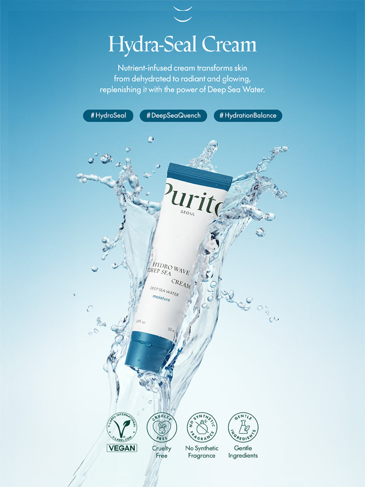 PURITO Deep Sea Pure Water Cream 50g surrounded by water splash, promoting deep hydration and moisture balance.