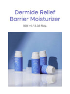 PURITO Dermide Relief Barrier Moisturizer 100ml with bottles on a blue background, showcasing the product line.