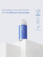 PURITO Dermide Relief Barrier Moisturizer 100ml displayed on a white pedestal with text highlighting its features.