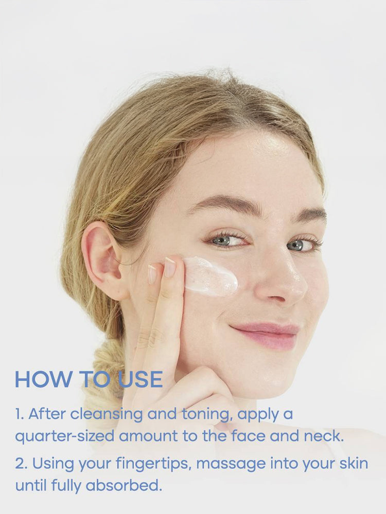 A woman demonstrating how to use PURITO Dermide Relief Barrier Moisturizer 100ml on her face and neck.