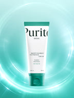 PURITO Mighty Bamboo Panthenol Cream 100ml in a sleek tube on a glowing turquoise background.