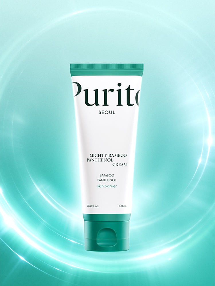 PURITO Mighty Bamboo Panthenol Cream 100ml in a sleek tube on a glowing turquoise background.
