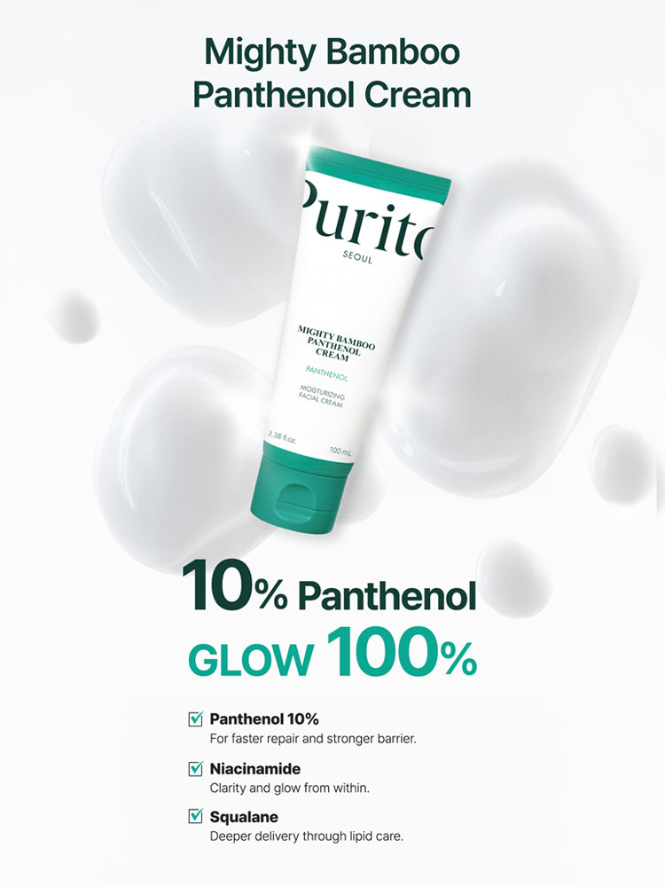 PURITO Mighty Bamboo Panthenol Cream 100ml tube with ingredients summary and benefits highlighted
