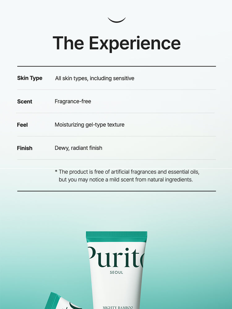 PURITO Mighty Bamboo Panthenol Cream 100ml product details overview, showcasing skin benefits and texture.
