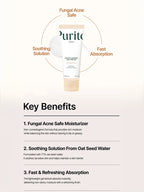 PURITO Oat In Calming Gel Cream 100ml with key benefits on a light background, highlighting moisturizing and fast absorption properties.
