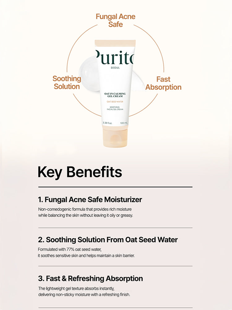 PURITO Oat In Calming Gel Cream 100ml with key benefits on a light background, highlighting moisturizing and fast absorption properties.