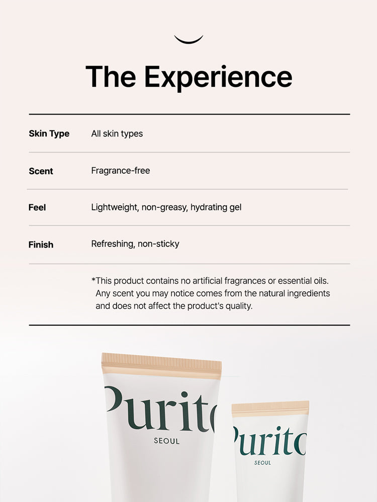 Product details for PURITO Oat In Calming Gel Cream 100ml: all skin types, fragrance-free, refreshing finish.
