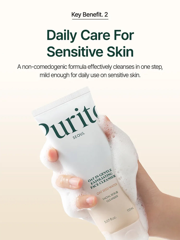 PURITO Oat In Gentle Exfoliating Face Cleanser 150ml packaging with foamy cleanser, highlighting daily care for sensitive skin.