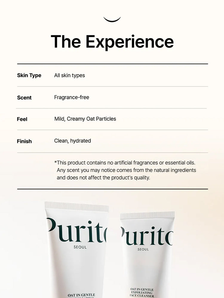 Product details for PURITO Oat In Gentle Exfoliating Face Cleanser 150ml, showcasing skin type, scent, feel, and finish.