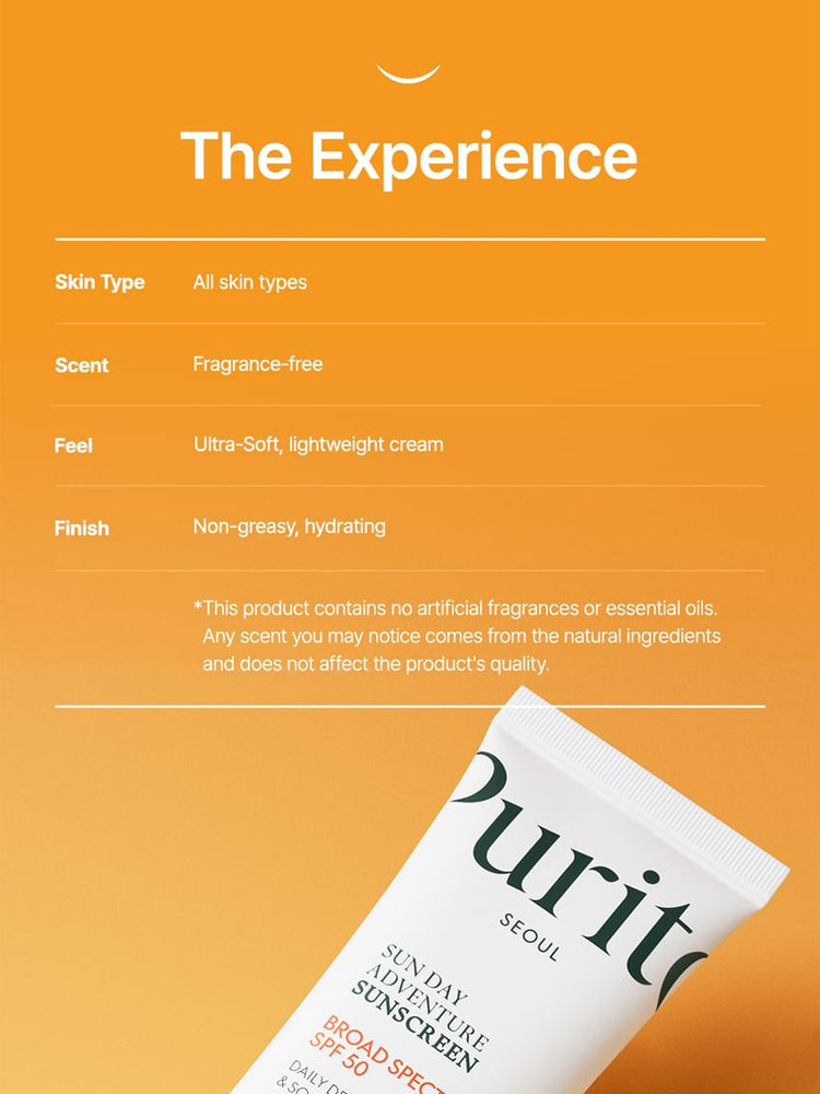 PURITO Sun Day Adventure Sunscreen 50ml product details including skin type, scent, feel, and finish.