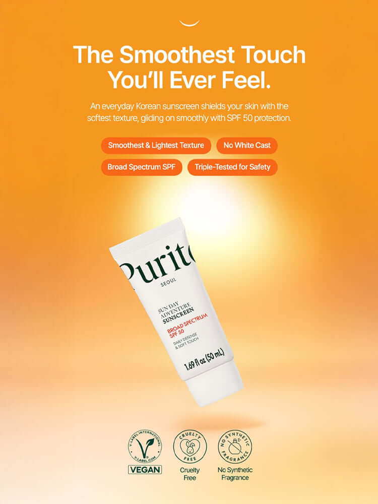 PURITO Sun Day Adventure Sunscreen 50ml on an orange background promoting smooth texture and SPF 50 protection.