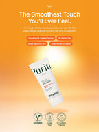 PURITO Sun Day Adventure Sunscreen 50ml on an orange background promoting smooth texture and SPF 50 protection.