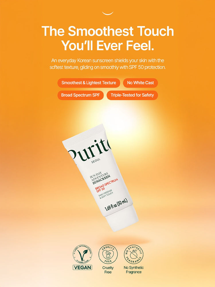 PURITO Sun Day Adventure Sunscreen 50ml on an orange background promoting smooth texture and SPF 50 protection.