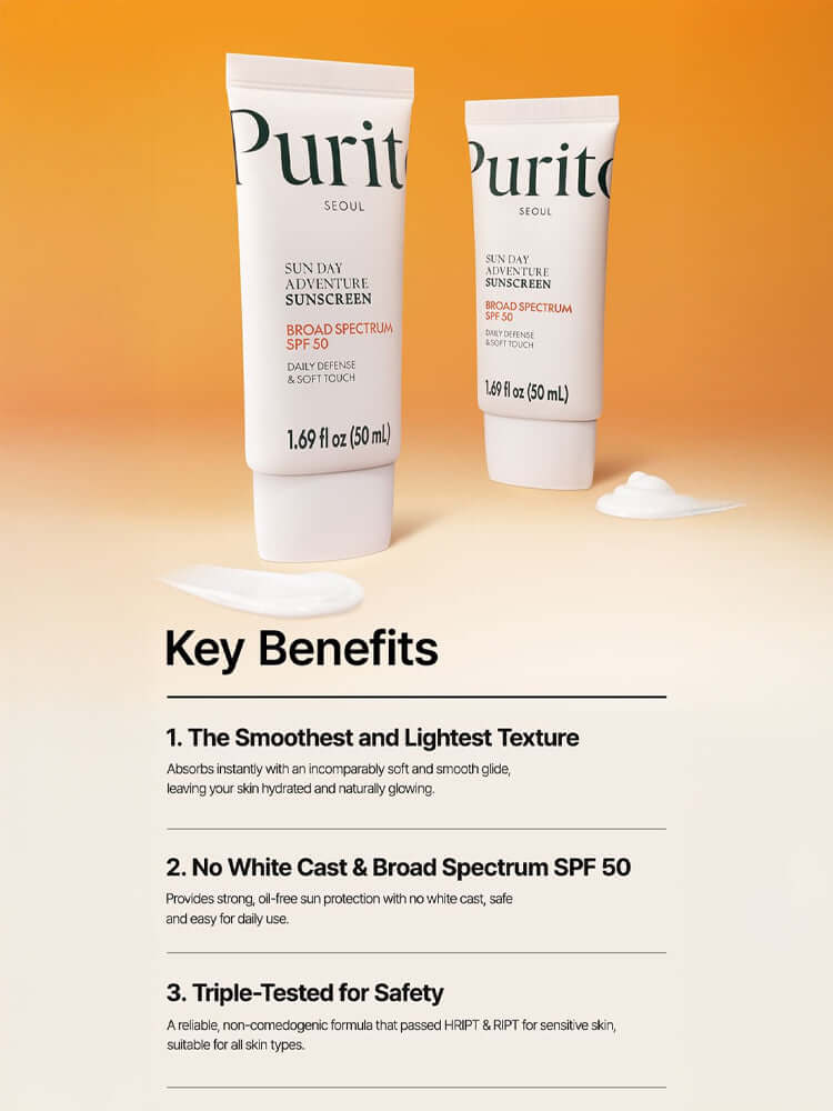 PURITO Sun Day Adventure Sunscreen 50ml displayed with key benefits highlighted on a vibrant background.
