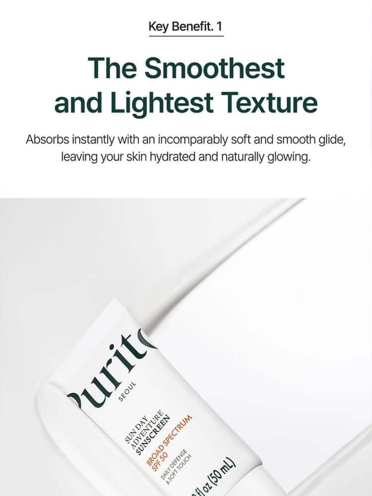 PURITO Sun Day Adventure Sunscreen 50ml showcasing smooth texture and hydration benefits for sensitive skin.