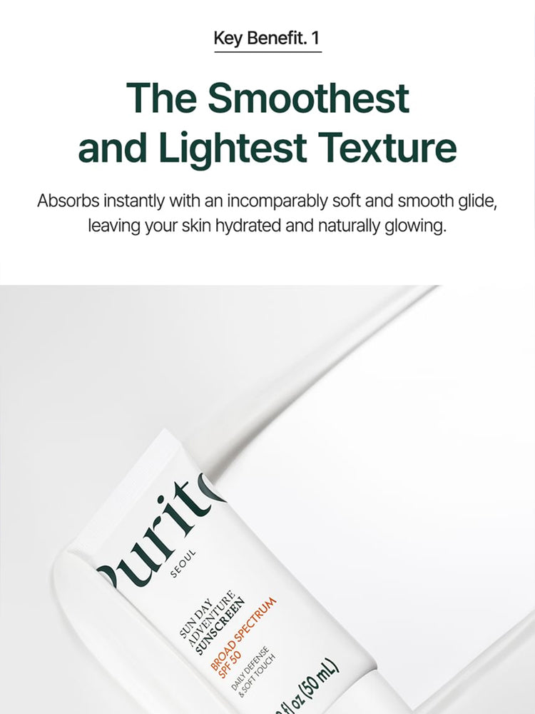 PURITO Sun Day Adventure Sunscreen 50ml showcasing smooth texture and hydration benefits for sensitive skin.