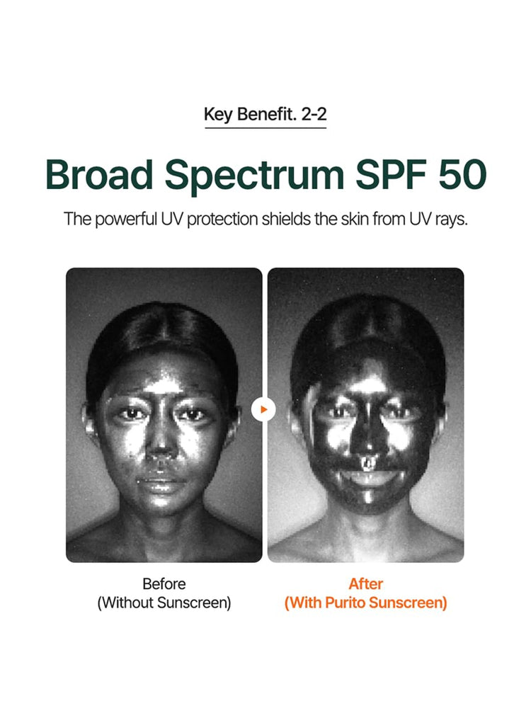 Broad Spectrum SPF 50 comparison before and after using PURITO Sun Day Adventure Sunscreen 50ml
