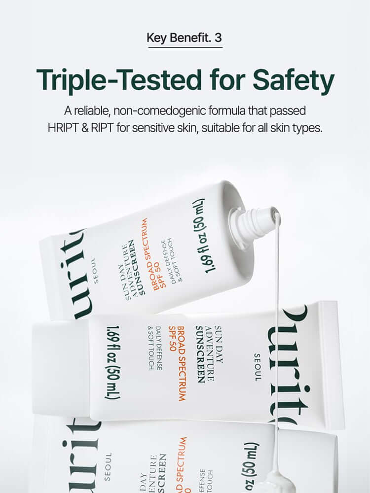 PURITO Sun Day Adventure Sunscreen 50ml tubes showcasing triple-tested for safety formula for sensitive skin.