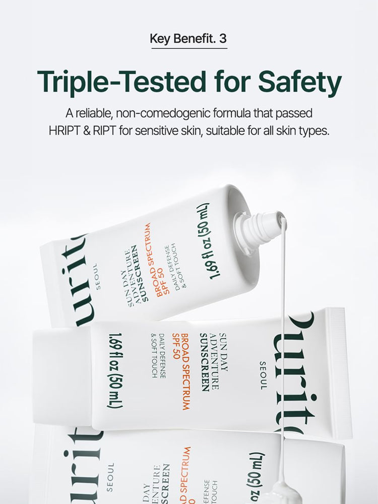 PURITO Sun Day Adventure Sunscreen 50ml tubes showcasing triple-tested for safety formula for sensitive skin.