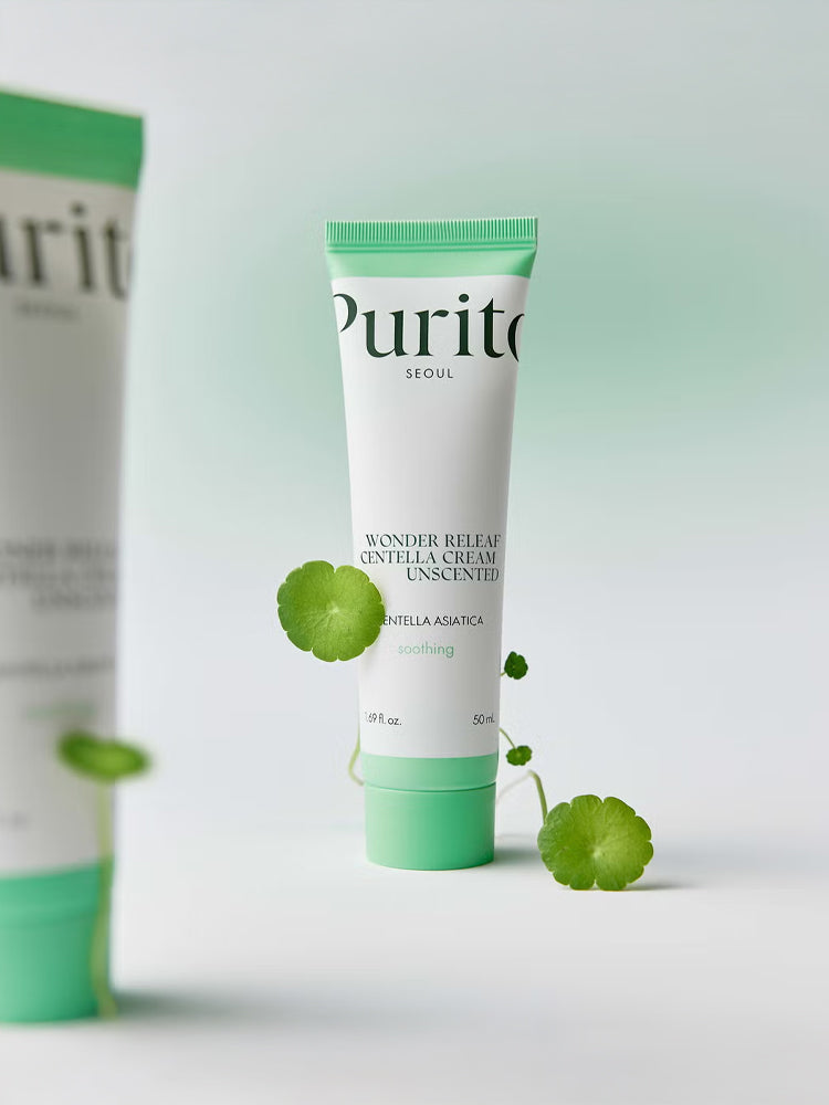 PURITO Wonder Releaf Centella Cream Unscented 50ml tube with green leaves, soothing skincare product for red and stressed skin.