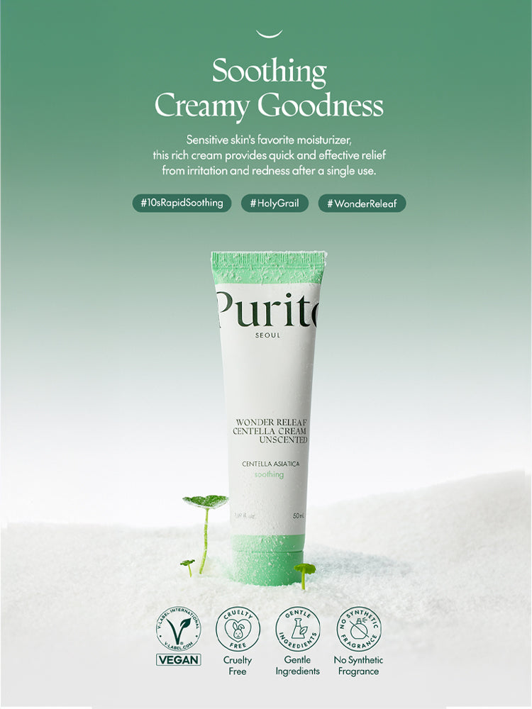 PURITO Wonder Releaf Centella Cream Unscented 50ml, soothing moisturizer for sensitive skin relief from irritation.