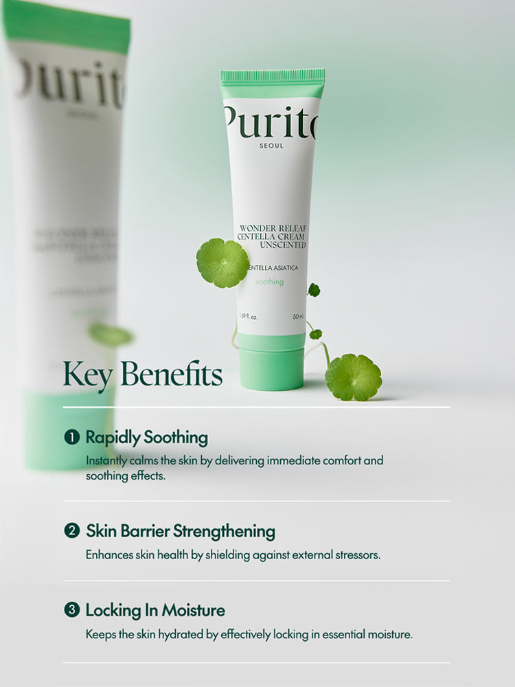 PURITO Wonder Releaf Centella Cream Unscented 50ml tube highlighting key benefits including rapid soothing and skin hydration.