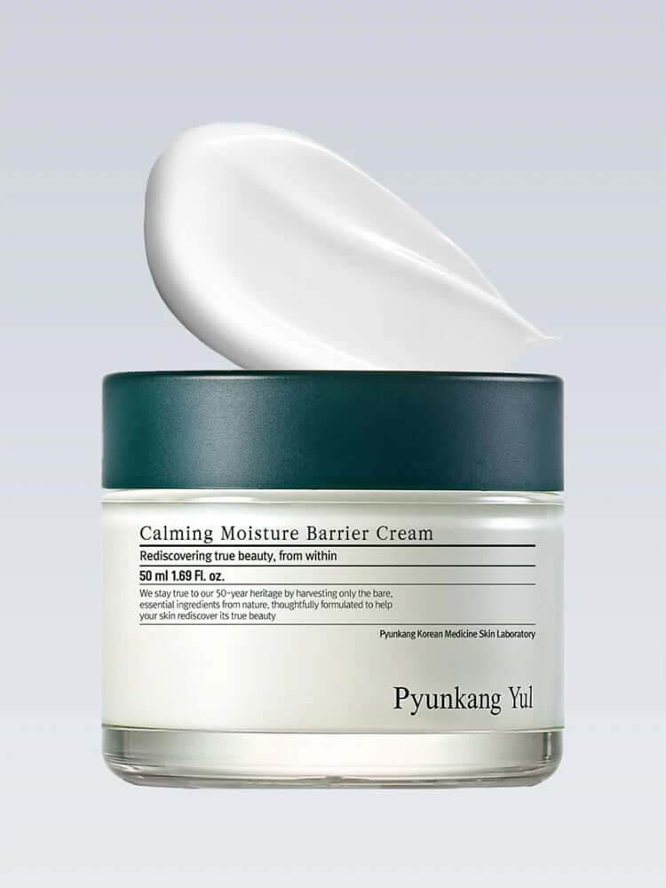 PYUNKANG YUL Calming Moisture Barrier Cream 50ml in a jar with cream being poured out, perfect for soothing irritated skin.