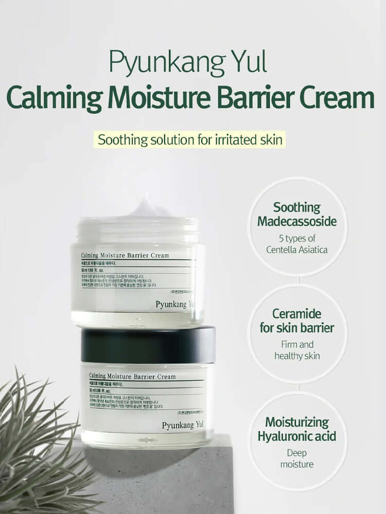 Pyunkang Yul Calming Moisture Barrier Cream jars with soothing ingredients for irritated skin care.