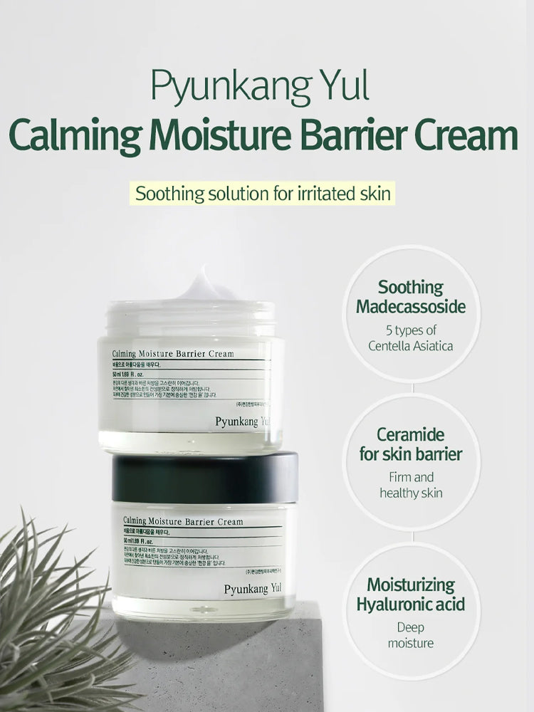 Pyunkang Yul Calming Moisture Barrier Cream jars with soothing ingredients for irritated skin care.